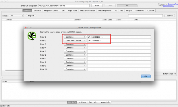 Use Screaming Frog to verify your Google Analytics implementation